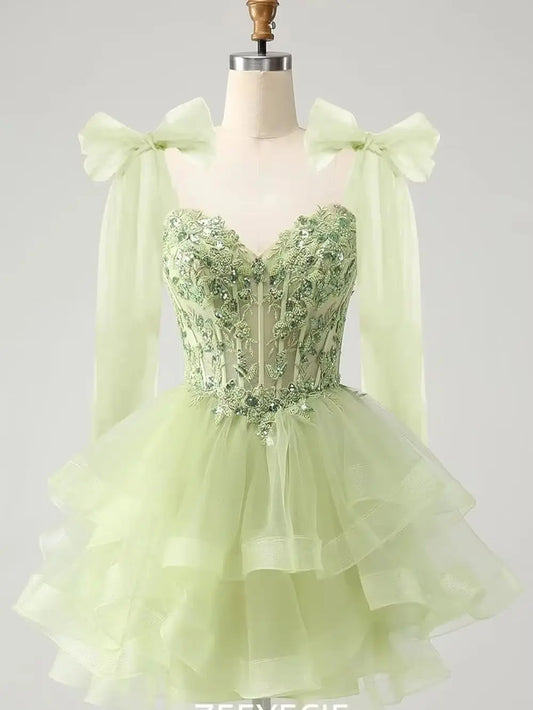 Vestidos de tul escalonados para regreso a casa con apliques de encaje brillante, tirantes con lazo, vestido corto de fiesta para adolescentes, vestido de cóctel, vestido de graduación