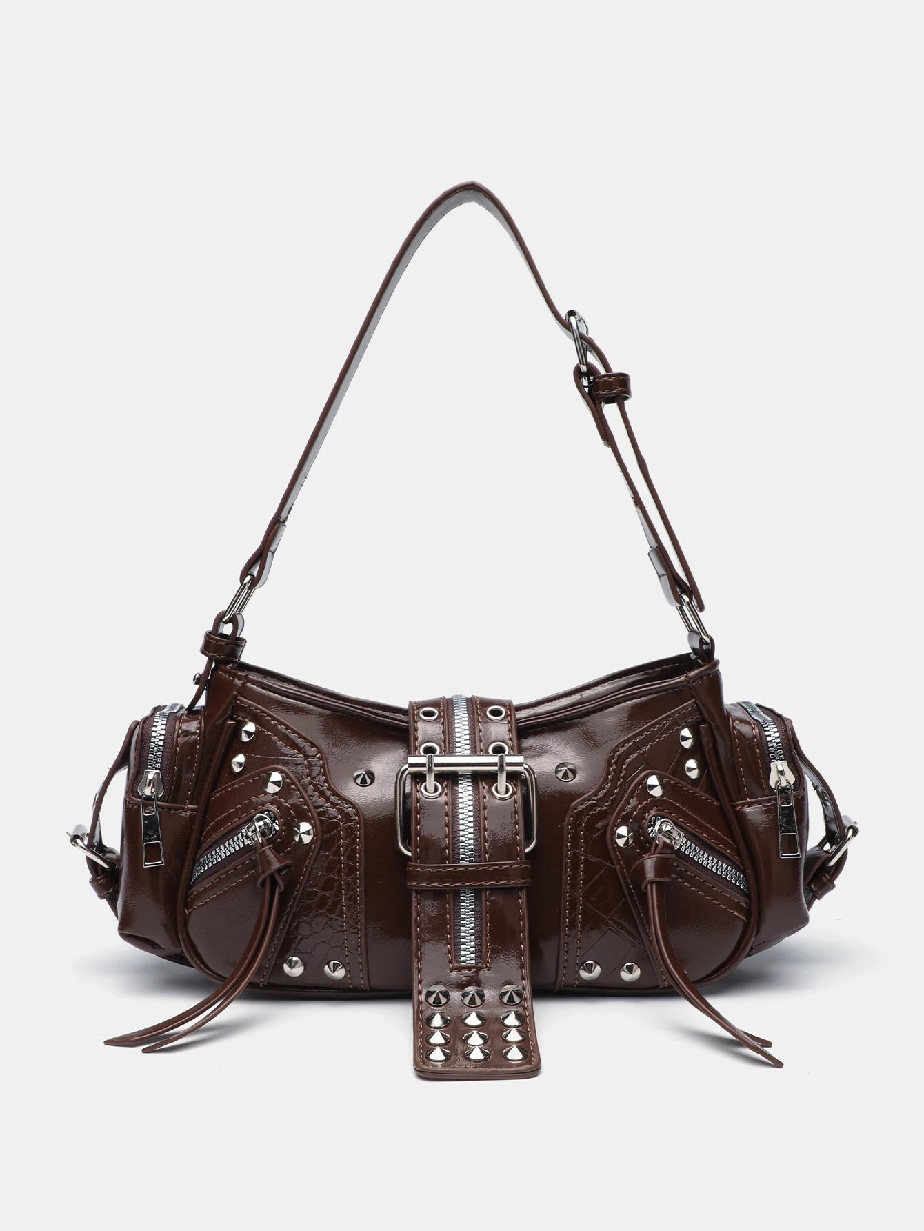 Punk Girl Style Rivet Underarm Bag | Solid Color PU Motorcycle Style Single Shoulder Crossbody Messenger Bag Luxegan