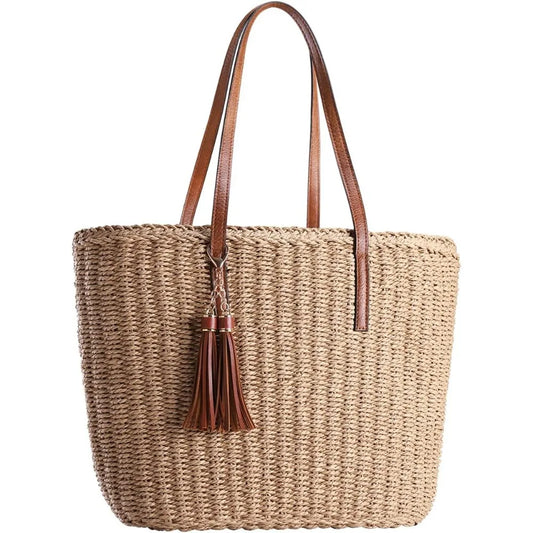 M-Size Travel Straw Tote | Handmade Woven Summer Shoulder Bag | Premium Straw Handbag with Soft Velvet Lining | Elegant Casual Beach & Shopping Tote Luxegan