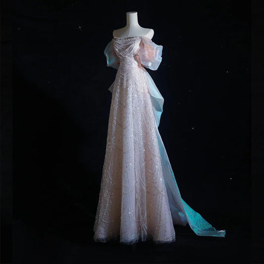 Vestidos de noche elegantes de lujo con cuentas 2025 Nuevo vestido de lentejuelas con hombros descubiertos, vestido de cola de pez, graduación, fiesta de graduación, vestido de boda, vestido de compromiso