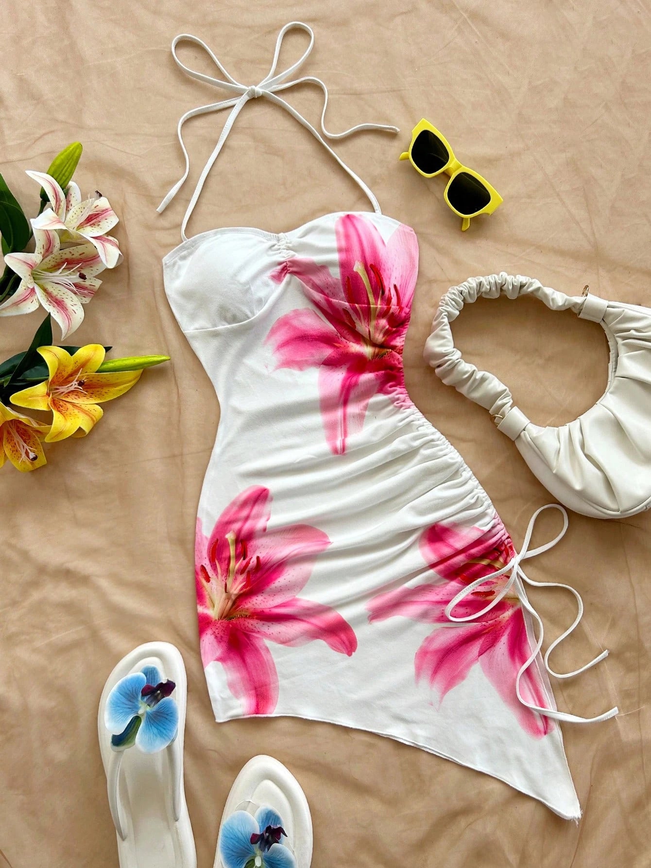 Beach Vacation Graphic Floral Print Dress | Sexy Halter Neck Bow Bodycon Mini Dress | Bohemian Asymmetric Hem Sleeveless Robe | Premium Knit Slim Fit Sweetheart Streetwear Model AE018 Luxegan