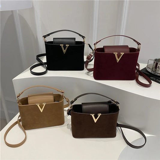 Vintage Mini Faux Suede Satchel | Fashionable Hardware Lock Buckle Handbag | Trendy Quilted & Sequined Shoulder Bag | Women's Small Crossbody Purse with Suede Texture Luxegan