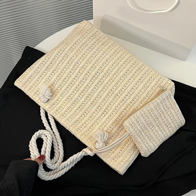 Designer Women’s Straw Tote | Sophisticated Large Capacity Beach Bag | Elegant Casual Bali-Inspired Purse | Luxury "Dignified" Woven Straw Handbag with Secure Hasp Closure Luxegan