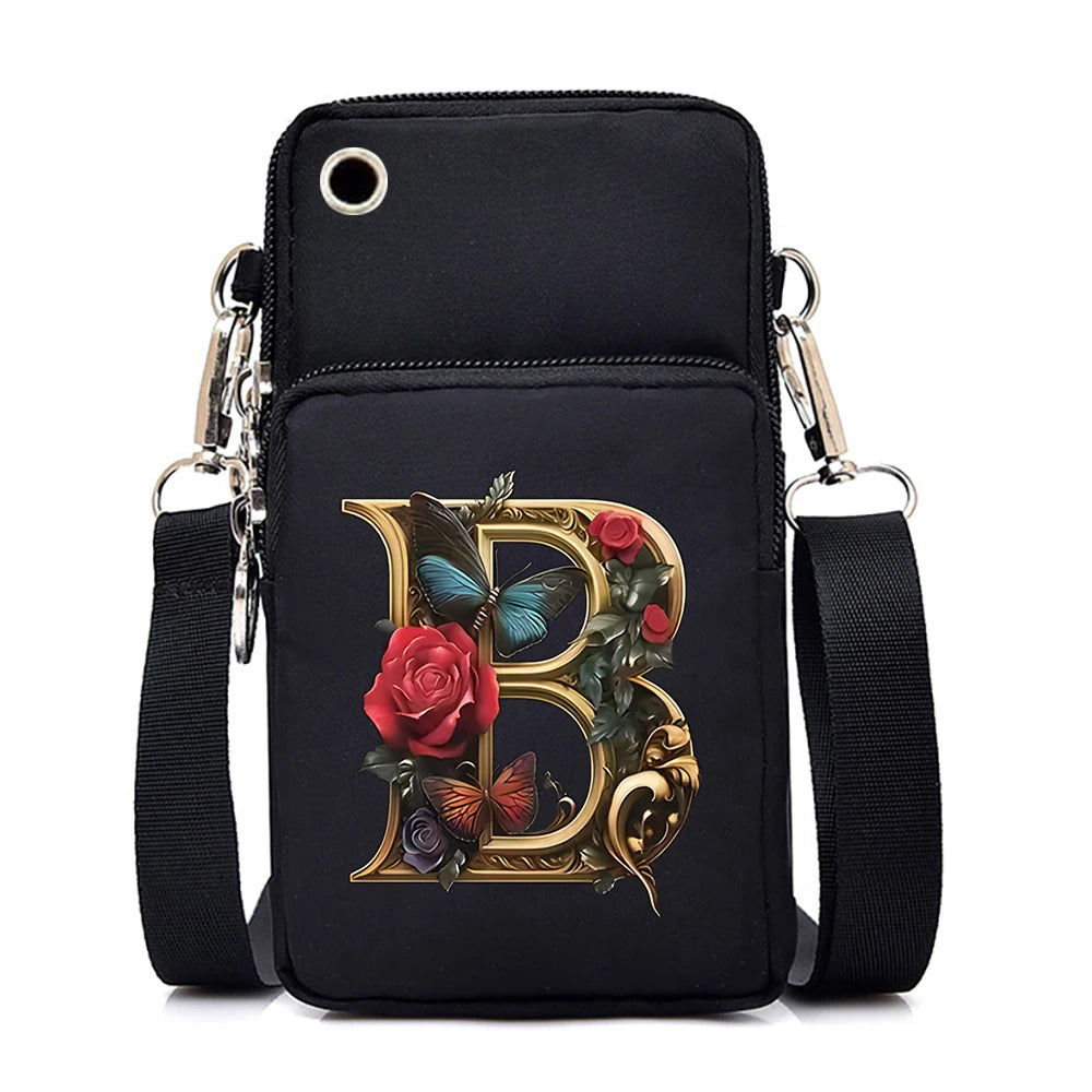 Women’s Small Crossbody Mobile Phone Bag | Sophisticated Vintage Flower & Alphabet Purse | Elegant Mini Messenger with Soft Leather Strap | Fashion-Forward Cartoon Applique Shoulder Bag (Model 858) Luxegan