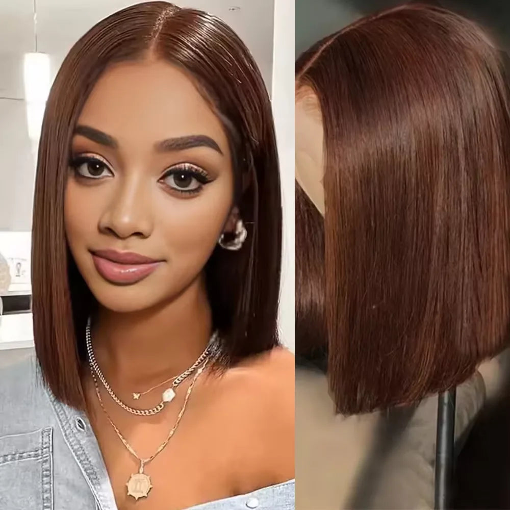 14-Inch #4 Chocolate Brown Straight Bob Wig | Sophisticated 13x4 HD Transparent Lace Frontal | Elegant "Natural Hairline" Silhouette | "Dignified" Glueless Brazilian Remy Human Hair for Radiant Versatile Styling Luxegan