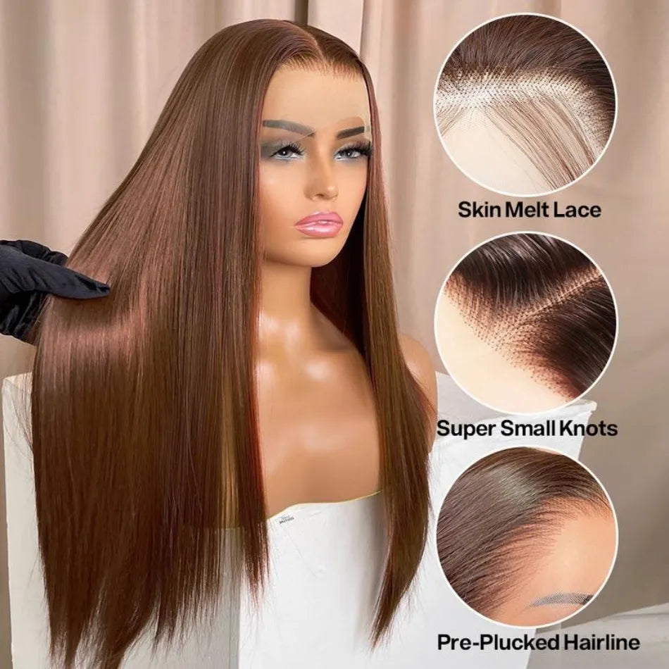 36-Inch Chocolate Brown Straight HD Lace Wig | Sophisticated 250% Density 13x6 & 13x4 Frontal | Elegant "100% Brazilian Remy" Silhouette | "Dignified" Pre-Plucked Curved Part Human Hair for Radiant Versatile Styling Luxegan