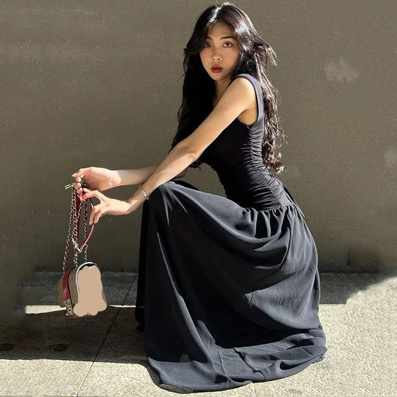 Ruched Spaghetti Strap Maxi Dress | Square Neck High Waist Slim A-Line Party Dress Luxegan