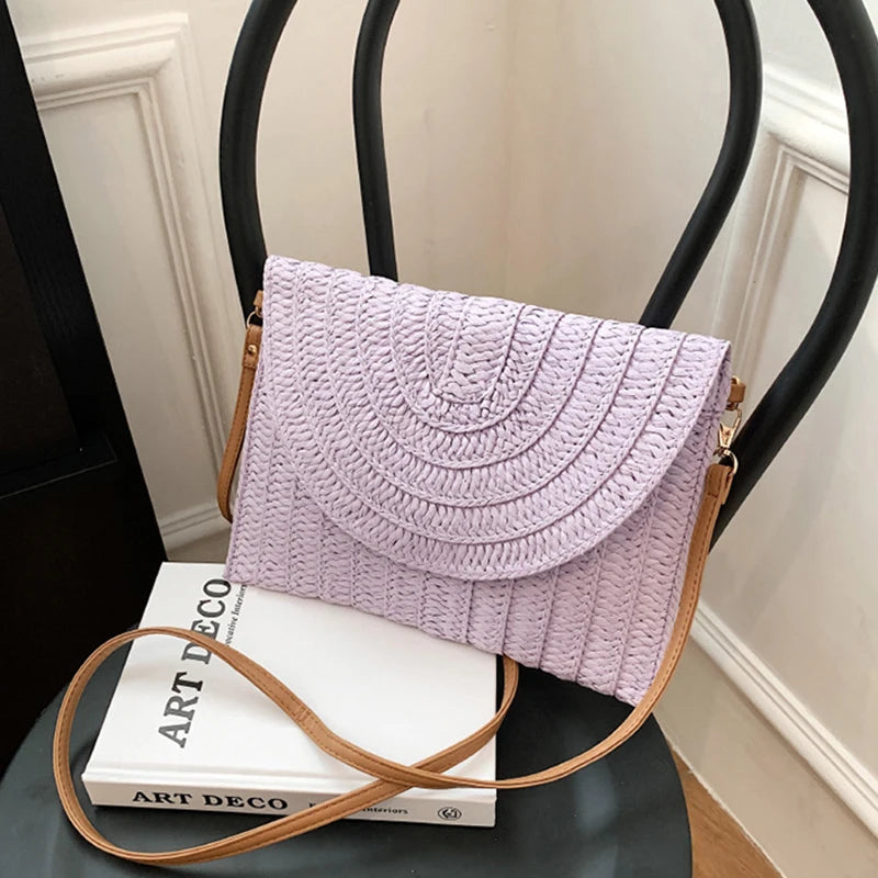 Bolsos de playa de verano para mujer Bolso bandolera de paja hecho a mano con sobre Bolso de hombro trenzado Bolso de mano de vacaciones tejido