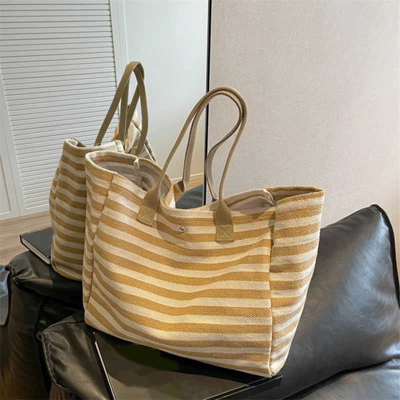 Casual Striped Canvas Bag for Women | Large Capacity Shoulder Bag & Daily Shopping Tote (Student Bookbag for School, Travel, Beach) Luxegan