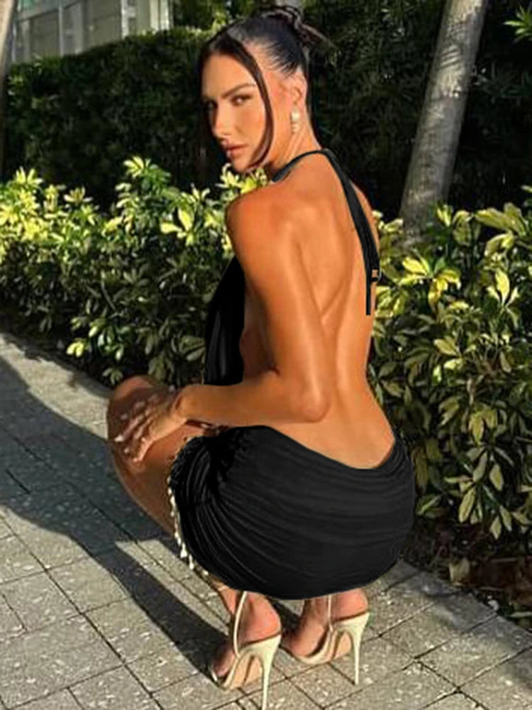 Halter Neck Backless Ruched Mini Dress | Y2K Lace-Up Club Party Dress Luxegan