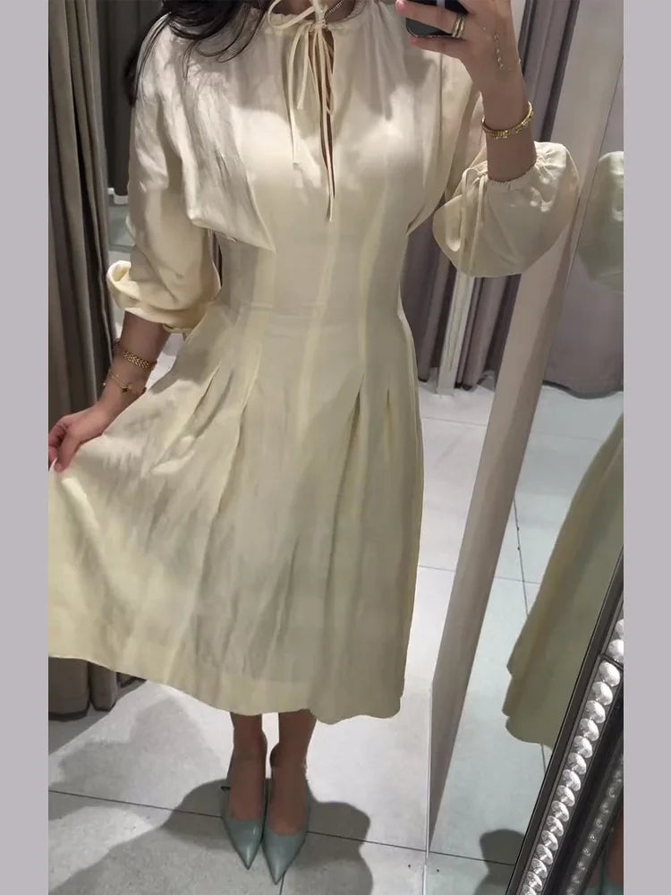 Women's Lace-Up Lantern Sleeve A-Line Midi Dress Luxegan