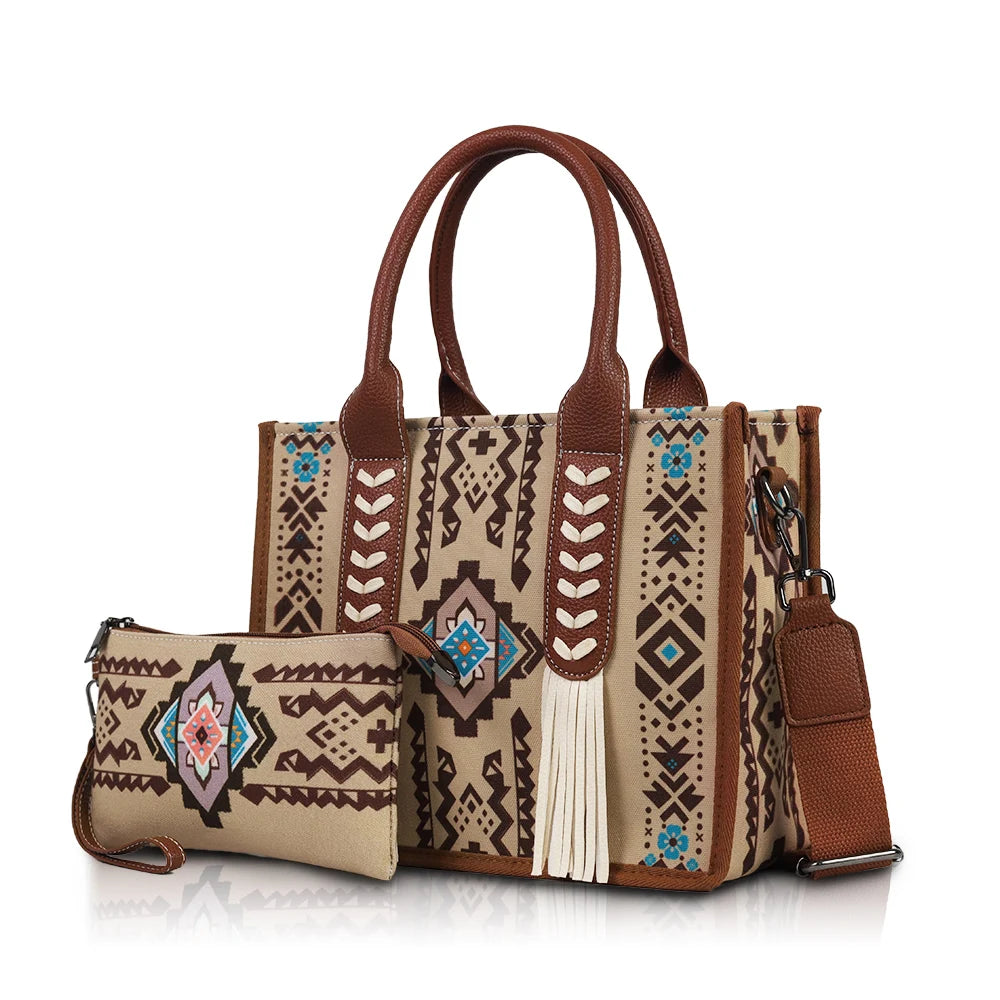 Ethnic Print Hand-Held Crossbody Bag Set | Sophisticated Tassel Decoration Shoulder Bag | Elegant Women’s Commuting Square Handbag | Luxury Polyester Multi-Piece Set with Matching Coin Purse Luxegan
