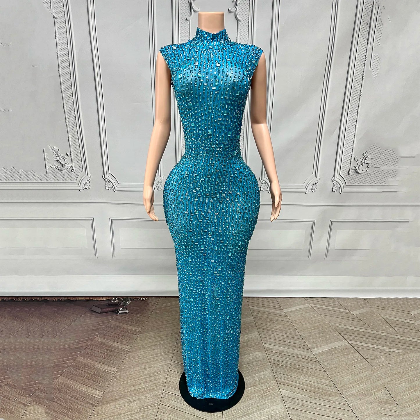 Luxurious Rhinestone Celebration Party Dress | Sparkling Couture Baby Shower Gown | One-Shoulder Turtleneck Medium-Stretch Sheath Dress Luxegan