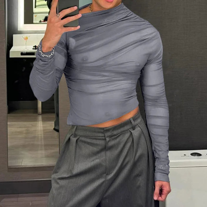 Deconstruction Perspective Single-Shoulder Tee | Sophisticated Pleated Long-Sleeved Silhouette | Elegant "Breathable" Summer Camiseta | "Dignified" Sexy Deconstructed Top for Radiant Versatile Styling Luxegan