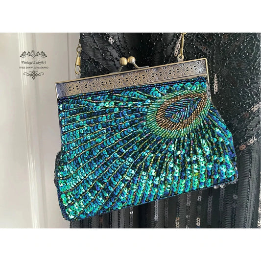 Vintage Flapper Peacock Evening Clutch | Gatsby-Inspired Sequined Handbag | Luxurious Beaded Wedding Purse with Feathers & Chain | National Style Art Deco Party Bag Luxegan