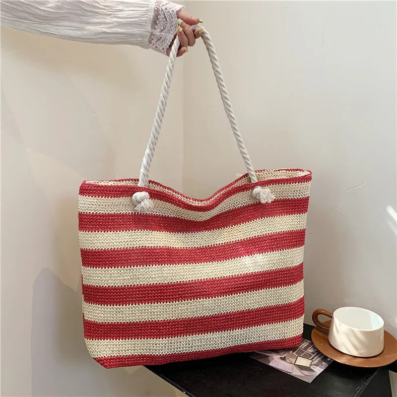 Color-Contrast Straw Shoulder Bag | Sophisticated Large Capacity Beach Handbag | Elegant Summer Daily Tote | "Dignified" Hard-Shell Woven Purse for Versatile Seasonal Styling Luxegan