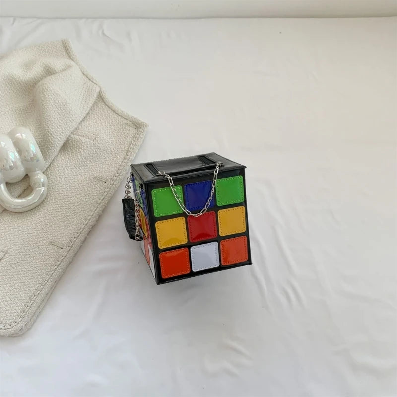 Women’s Geometric Cube Handbag | Colorful Square Box Shaped Clutch Bag | Minimalist Microfiber Synthetic Leather Evening Purse & Top-Handle Bag Luxegan