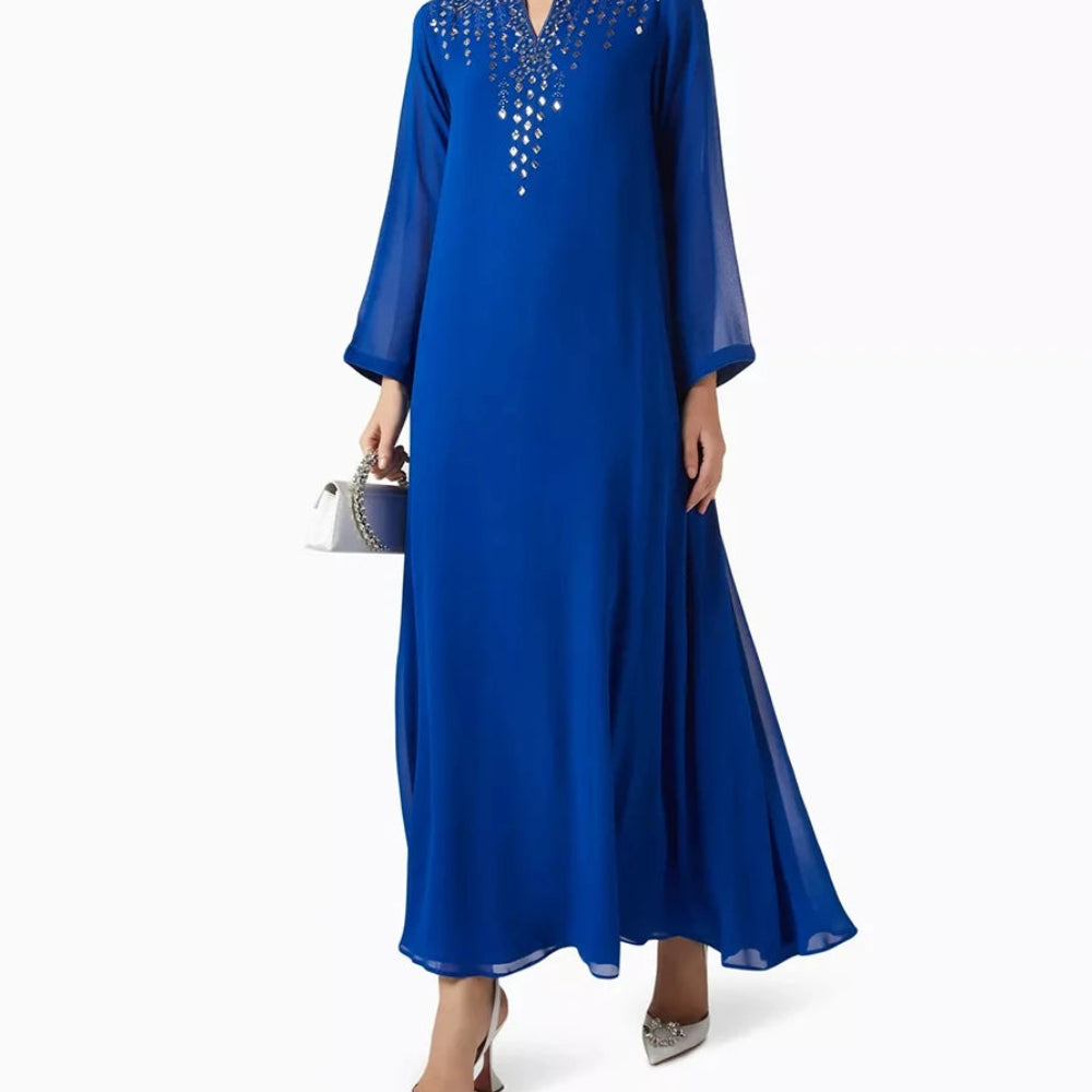 Sequined Draped A-Line Prom Dress | V-Neck Full Sleeve Ankle-Length Evening Gown Luxegan