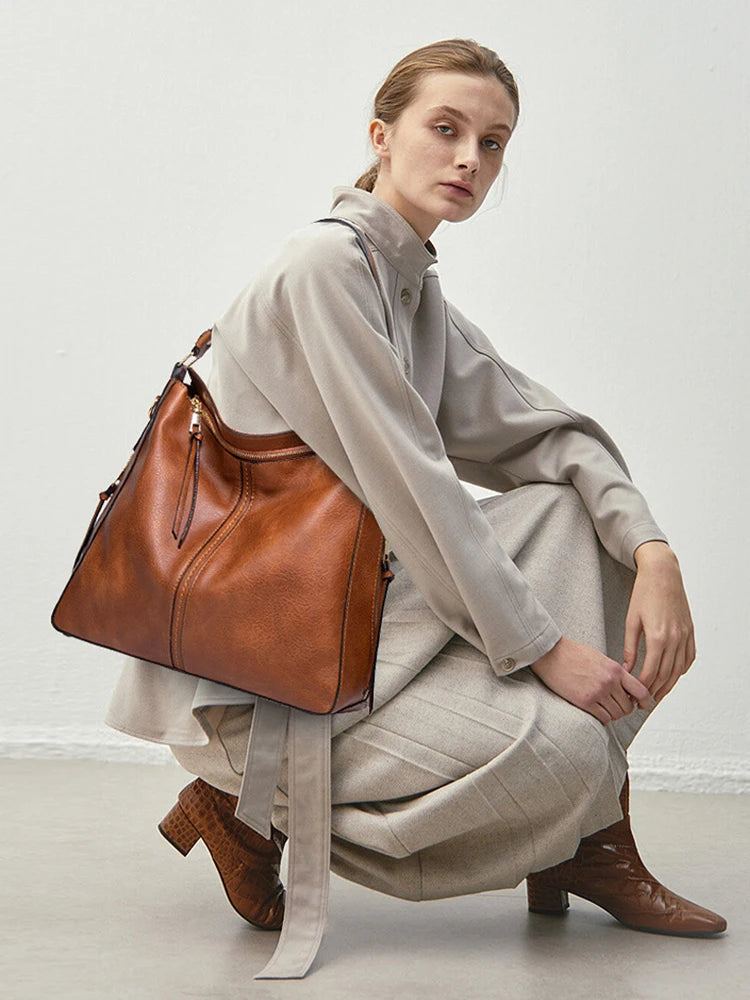 PU Leather Solid Casual Tote | Soft Vintage Hobo Large Capacity Shoulder Bag Luxegan