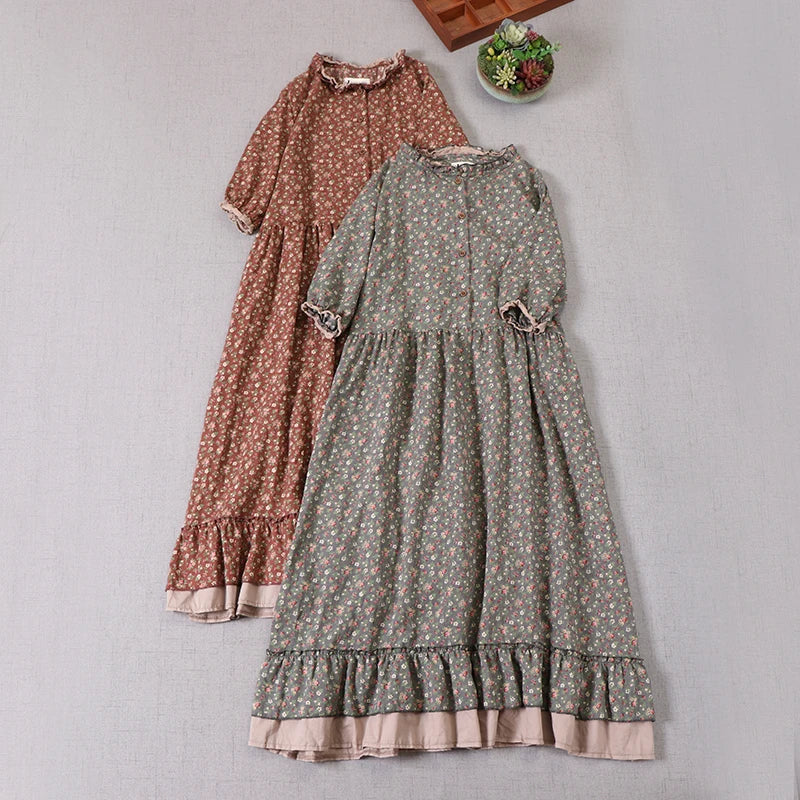 Women's Japanese Mori Girl Vintage Floral Print Dress | Elegant Ruffled Neckline Long Sleeve Cotton Gown | Retro Casual Loose A-Line Robe | Premium Natural Fiber Slight Stretch Ankle-Length Luxegan
