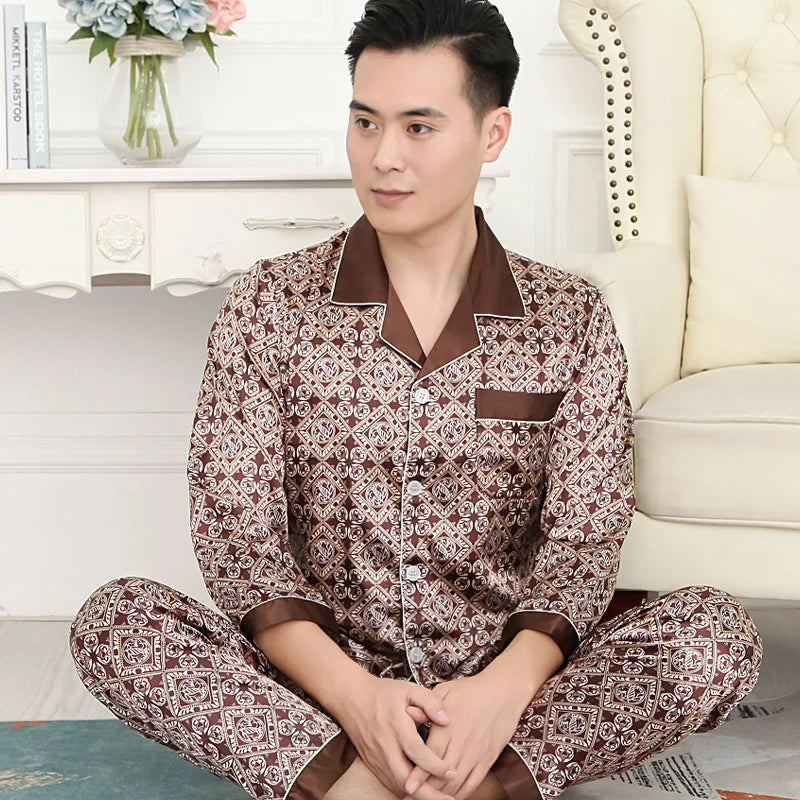 Men's Premium Ice Silk Pajama Set | Luxury Paisley Long-Sleeved Sleepwear Suit | Thin Turn-Down Collar Nightwear | Plus Size High-Quality Home Clothes Male Suit Model SY5004 Luxegan