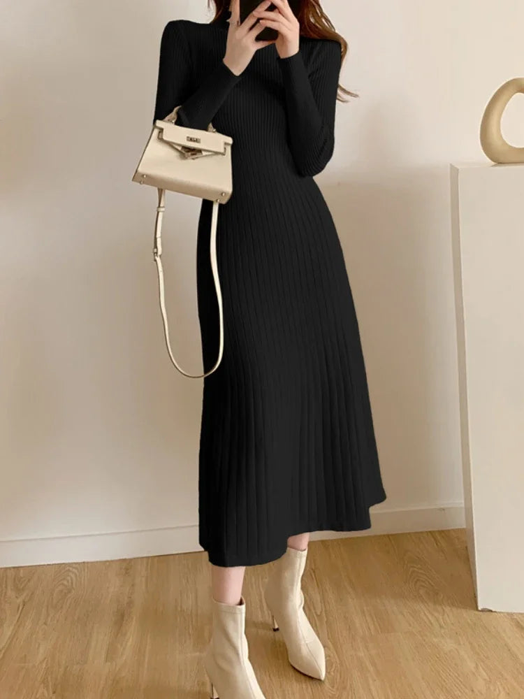 Autumn Winter Slim Knitted Midi Dress | Sophisticated Half-High Collar Sweater Dress | Elegant "Tatting Weave" Silhouette | "Dignified" Empire Waist Party Dress for Radiant Versatile Styling Luxegan