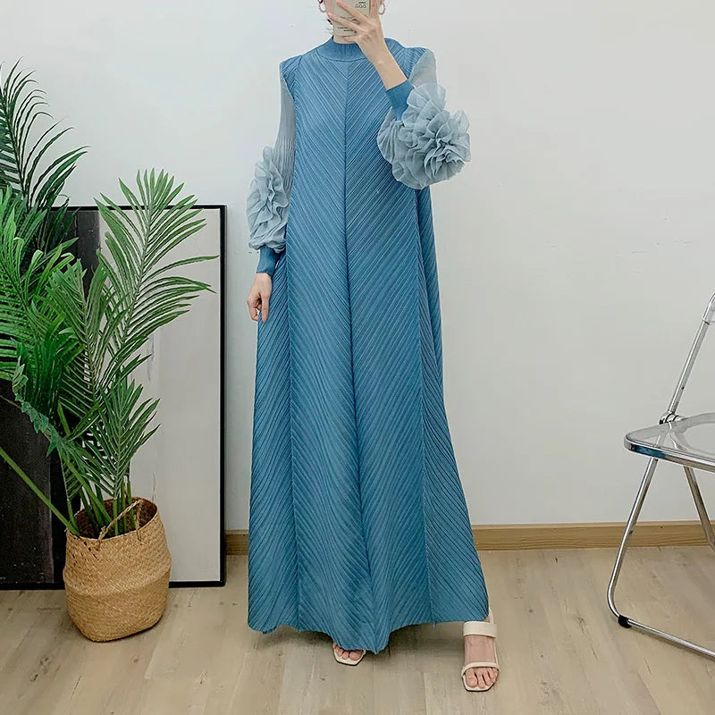 Solid Round Neck Long Sleeve Knotted Flower Trim Loose Fit Mid-Calf Dress – Natural Waist, Summer Luxegan