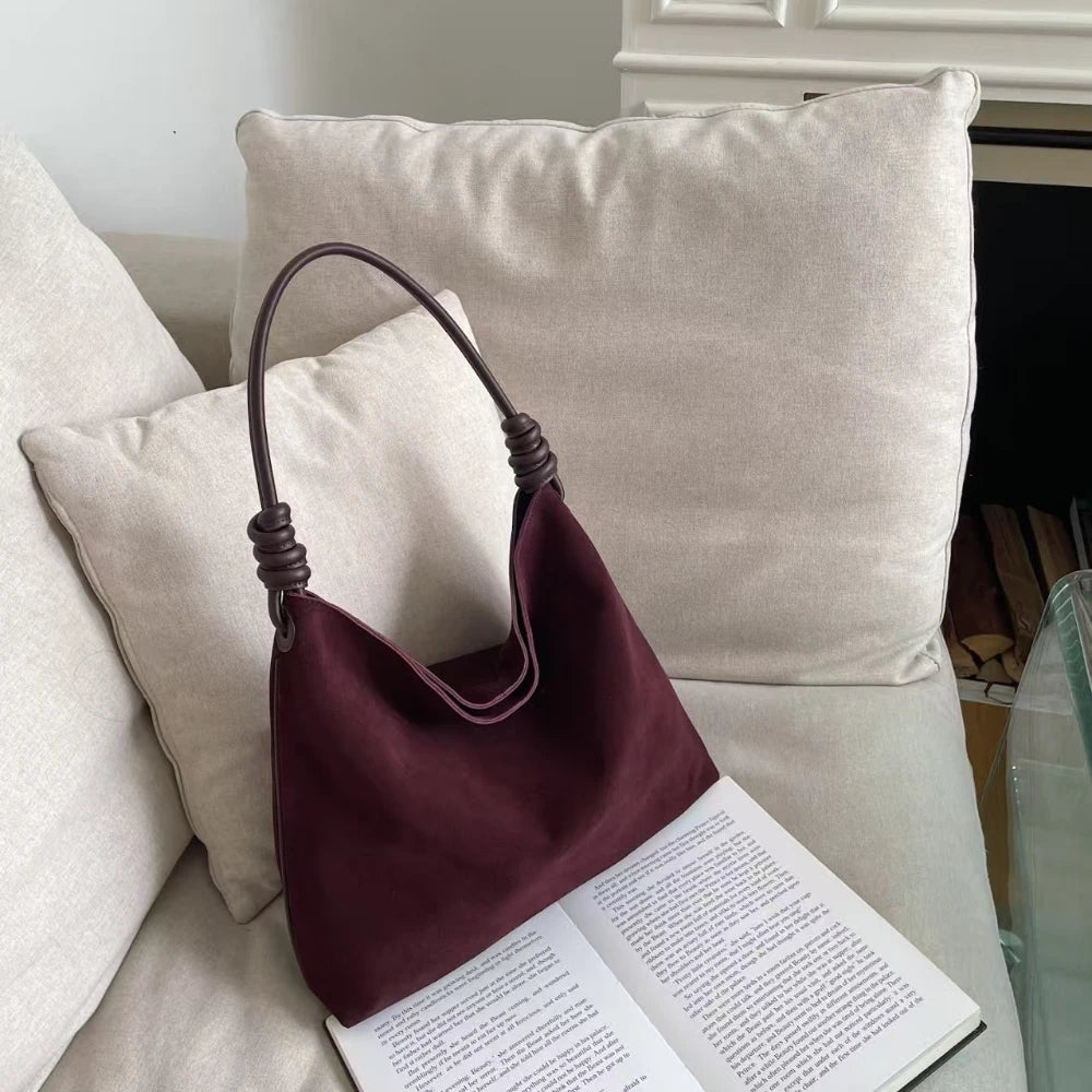 All-Match Chamois Matte Suede Cowhide Leather Tote | Large Capacity Designer Maillard Dressing Coffee Winter Ladies Handbag Luxegan