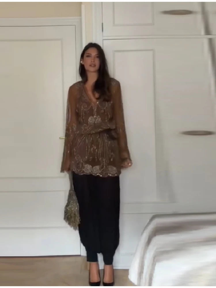 Women's Vintage Sequin Sheer Mini Dress | Chic Floral Embroidery V-Neck Party Gown | Elegant Lantern Sleeve Ruffled Hem Cocktail Dress | Premium Non-Woven Slight Stretch Regular Fit Ball Gown Luxegan