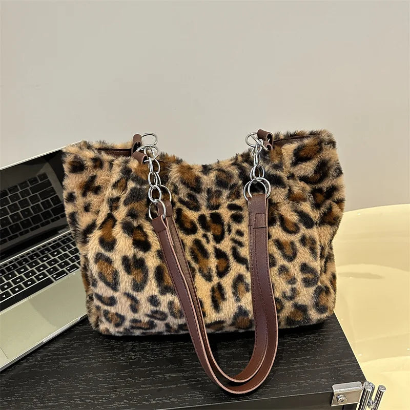 National Style Simple Women's Leopard Tote Bag | Lady Luxury Fluffy Shoulder Bag & Chain Large Capacity Commuter Handle Bag Luxegan