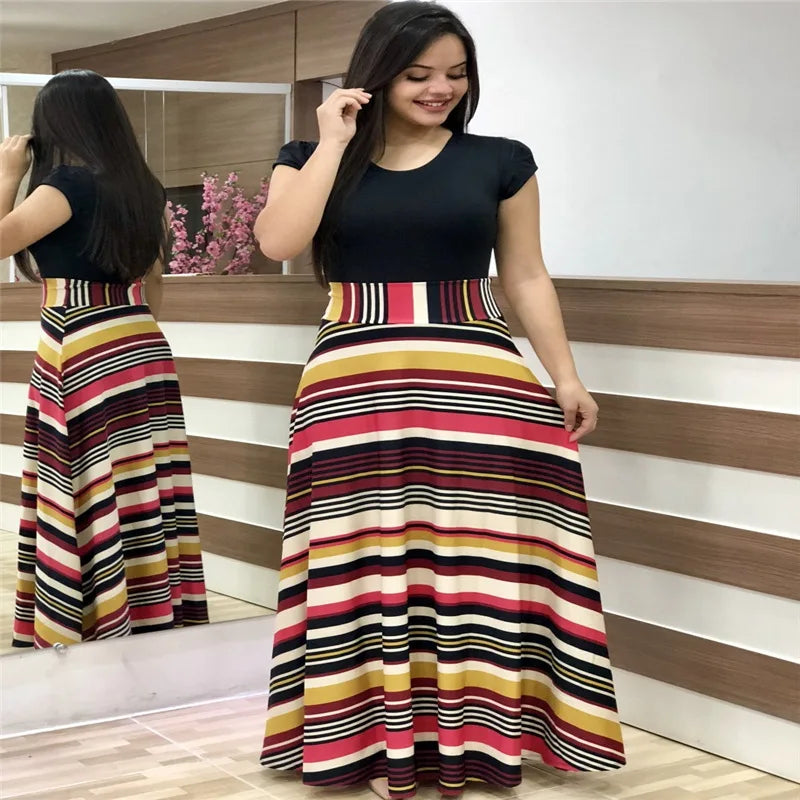 Print Round Neck Regular Fit Straight Ankle-Length Dress – Short & Long Sleeve Options, Spring/Summer
