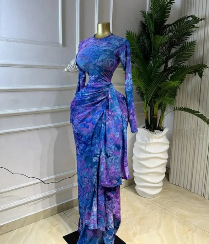 Women's Tie-Dye Ruched Ribbon Long Sleeve Maxi Dress Luxegan