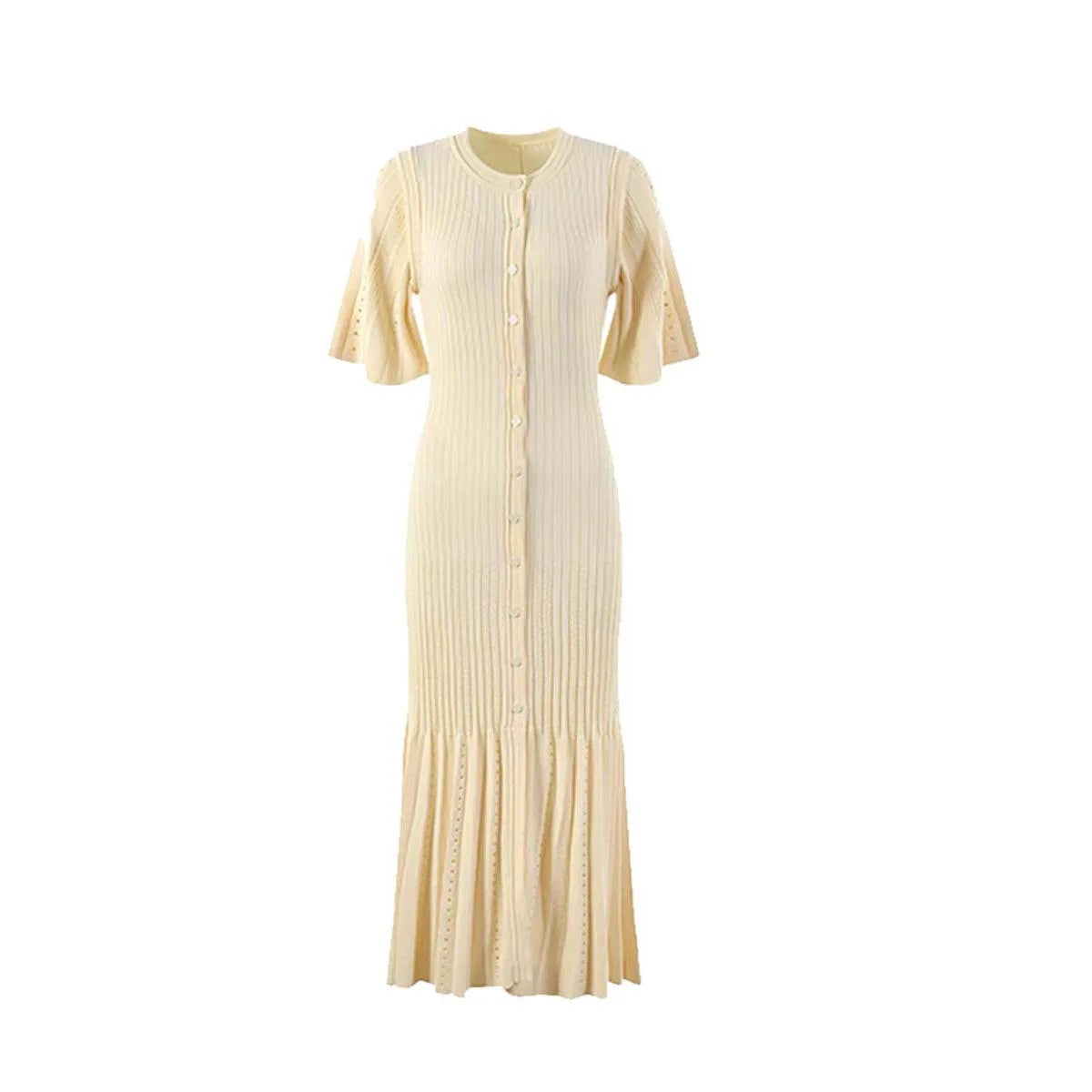 Knit Button Midi Mermaid Dress – Solid Color, Slim Fit Luxegan