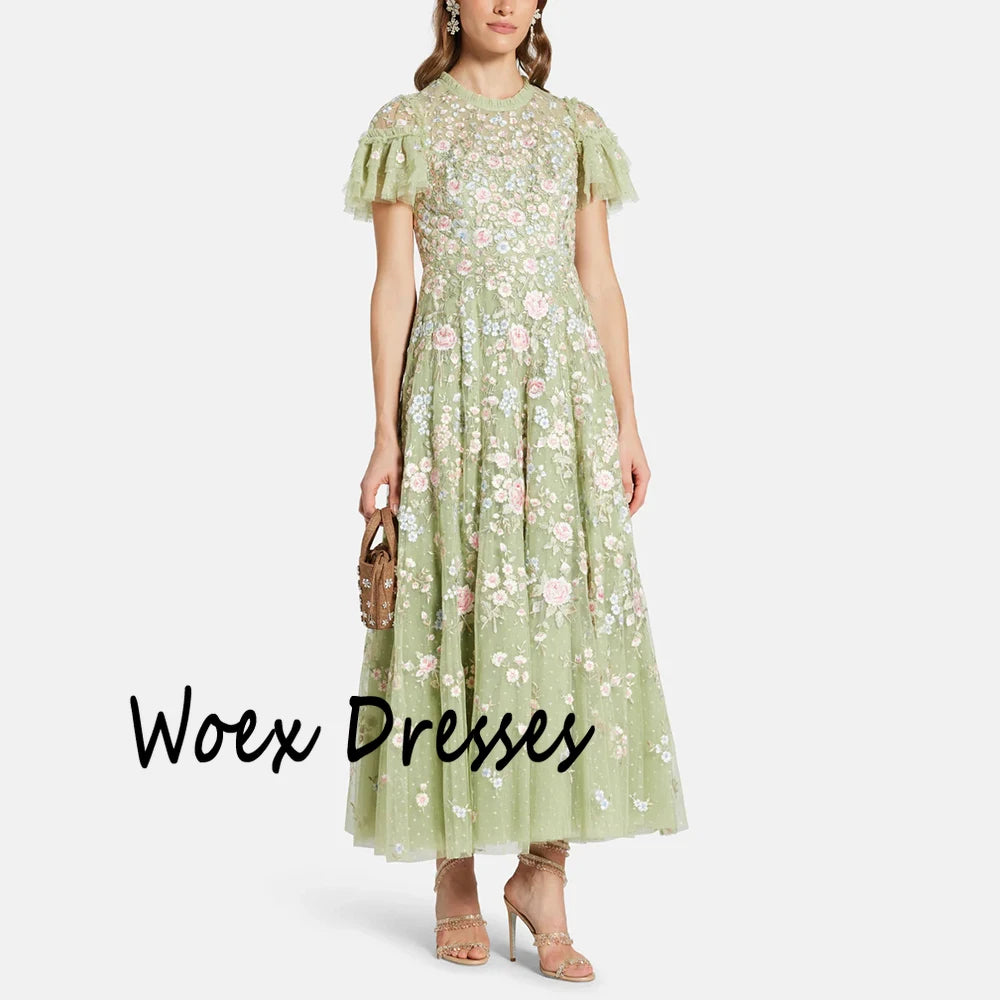Customized O-neck Green Tulle Evening Dress Short Sleeves With Appliques Draped Party Dress A-line Ankle Length Prom Gown