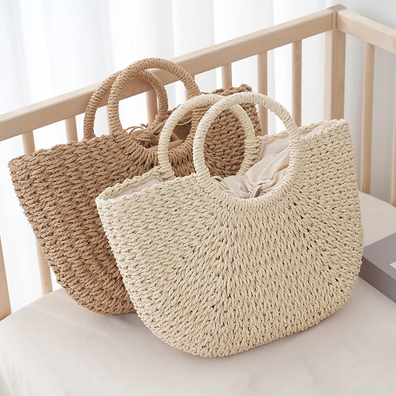 Summer Half-Moon Straw Bag for Women | Sophisticated Handmade Portable Handbag | Elegant Large Capacity Beach Basket | Luxury Bohemian Woven Top-Handle Tote with "Dignified" Artisan Texture Luxegan
