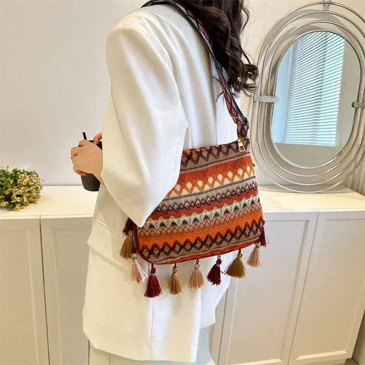 Vintage Tassel Ethnic Crossbody | Sophisticated Handwoven-Look Shoulder Bag | Elegant "National" Style Hippie Sling | "Dignified" Soft Square Handbag for Versatile Bohemian Flair Luxegan