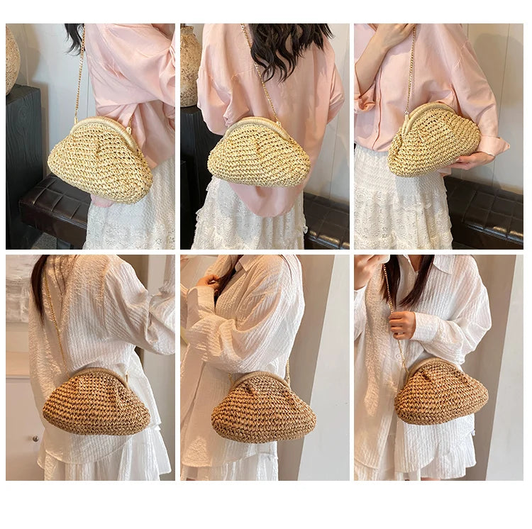 Soft Straw Shell Crossbody Bag | Casual Knitted Shoulder Bag with Excellent Texture Luxegan