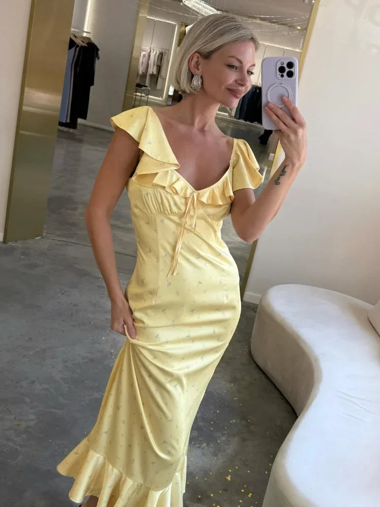 Flutter Sleeves Slim Long Dress Women Casual Pleated Deep V-neck Floral Print High Waist Dresses 2026 Lady Summer Holiday Wear