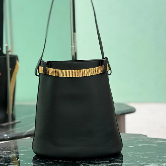 Luxury Top Quality Bucket Bag for Women | Famous Brand Designer Soft Leather Handbag | Premium Genuine Leather Lined Business Shoulder Bag | Elegant Solid Color Four-Seasons No-Zipper Ladies Tote Luxegan