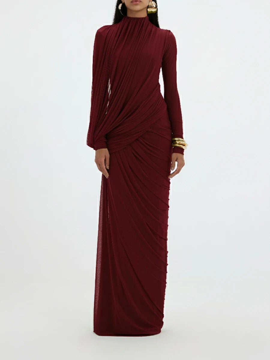 Solid Vintage Turtleneck Long Sleeve Slim Asymmetrical Floor-Length Dress with Lace-Up Detailing – Woven Polyester, Empire Waist, Autumn/Winter Luxegan