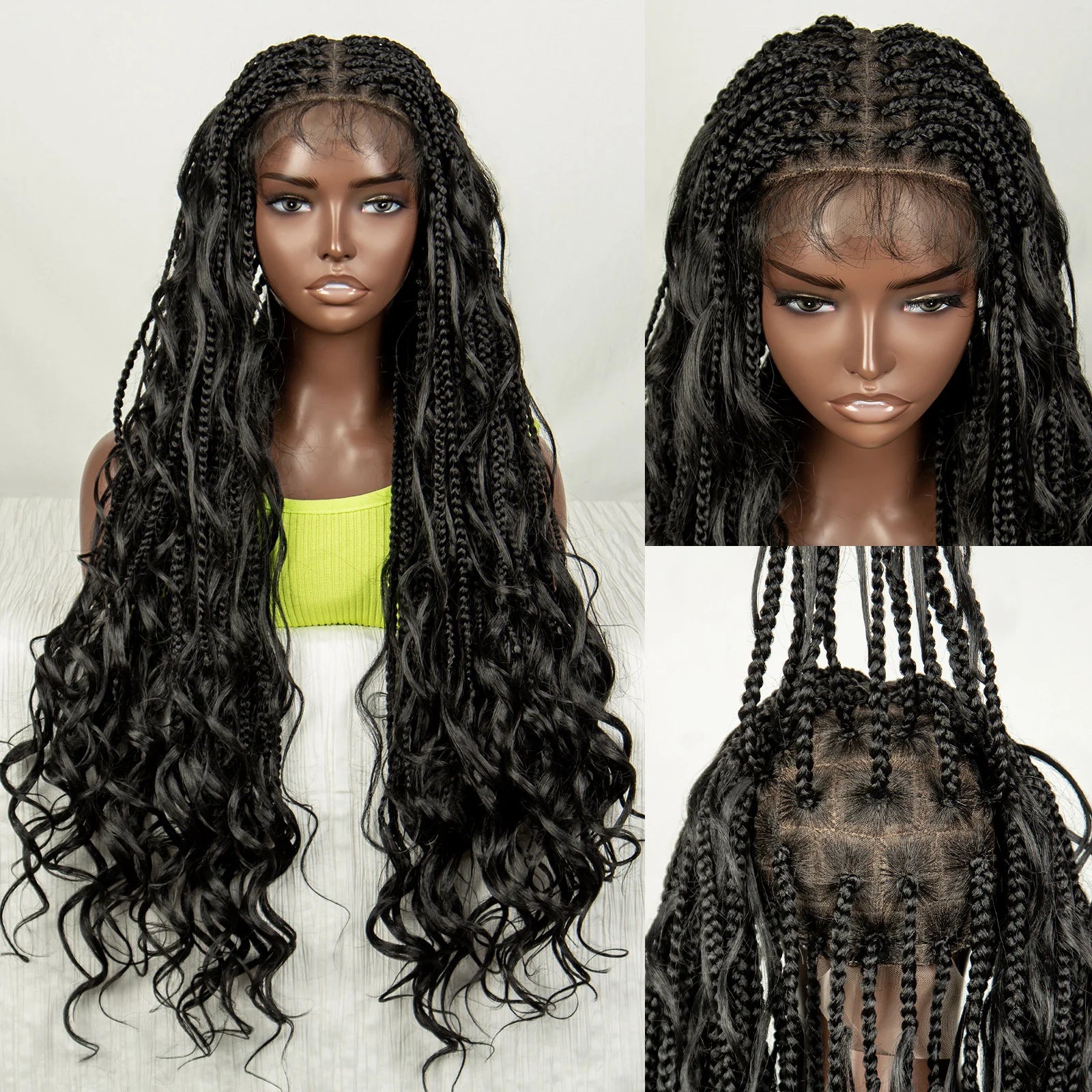 34" Natural Curly Knotless Box Braids Wig | Deep Wave Accents | Full Lace | Baby Hair Luxegan