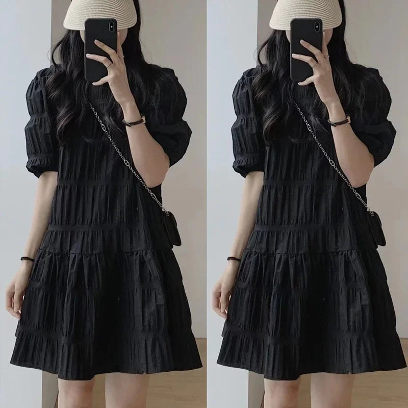 Chiffon Puff Sleeve Midi Dress | O-Neck Empire Waist Loose Beach & Party Dress Luxegan