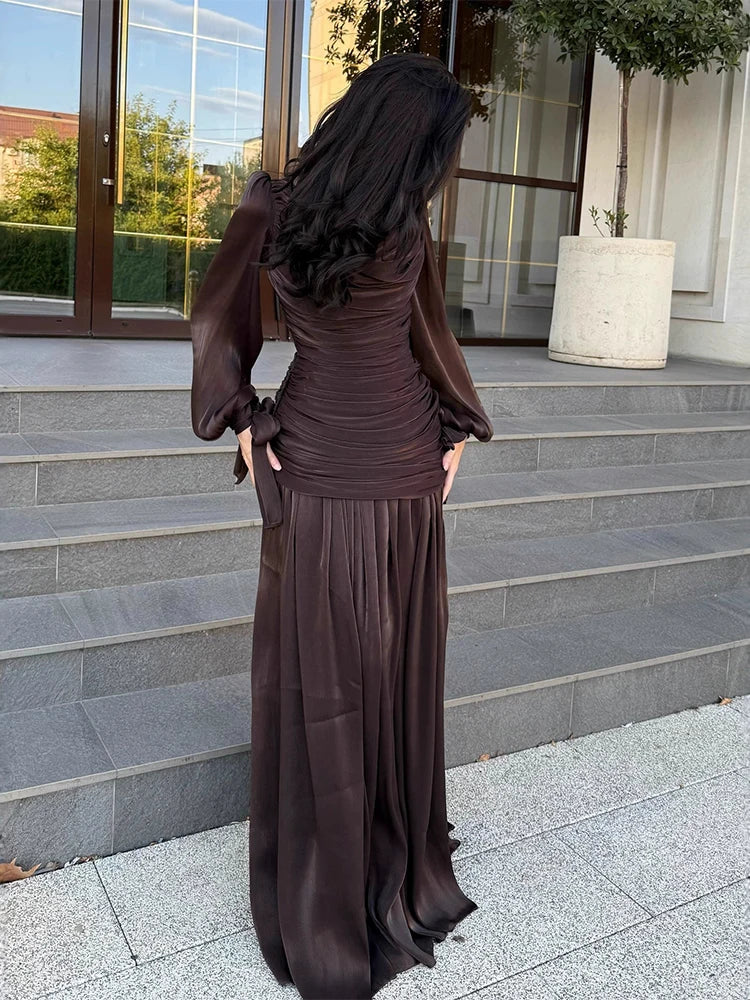 Women's Elegant Draped Solid Long Dress | Casual Commute Waist Party Dress | Elegant O-Neck Full Sleeve