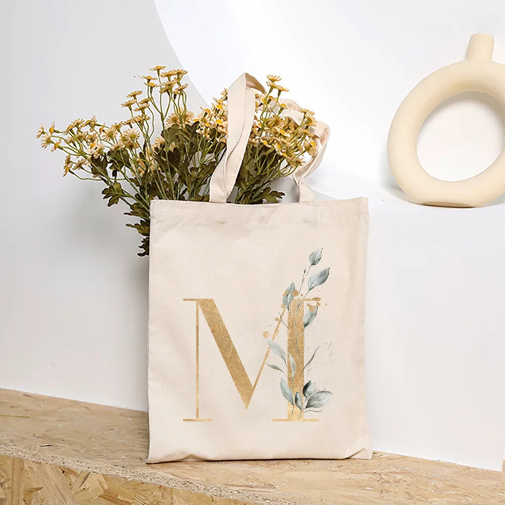 Leaves Plant Initial Print Canvas Tote Bag | Reusable Summer Beach & Shopping Handbag with Hasp Closure Luxegan