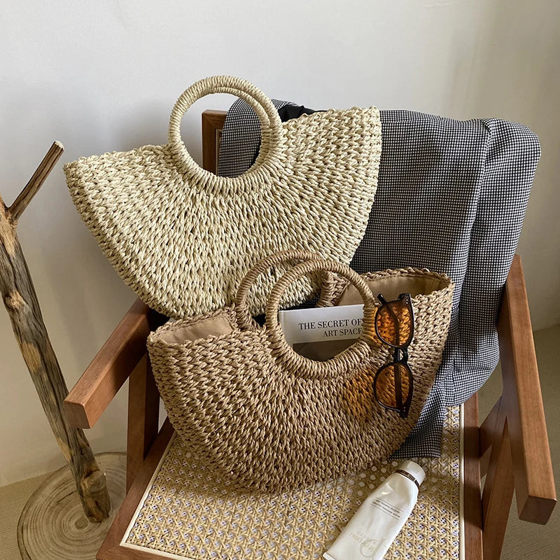 Handmade Moon Straw Beach Bag | Hard Woven Bohemian Tote Luxegan