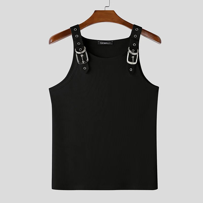 Fashion New Men's Deconstruction Mesh Vest | Sophisticated "City Walk" Metal Buckle Silhouette | Elegant Solid Comfortable Tank Top | "Dignified" High-Performance Summer Top for Radiant Versatile Styling Luxegan