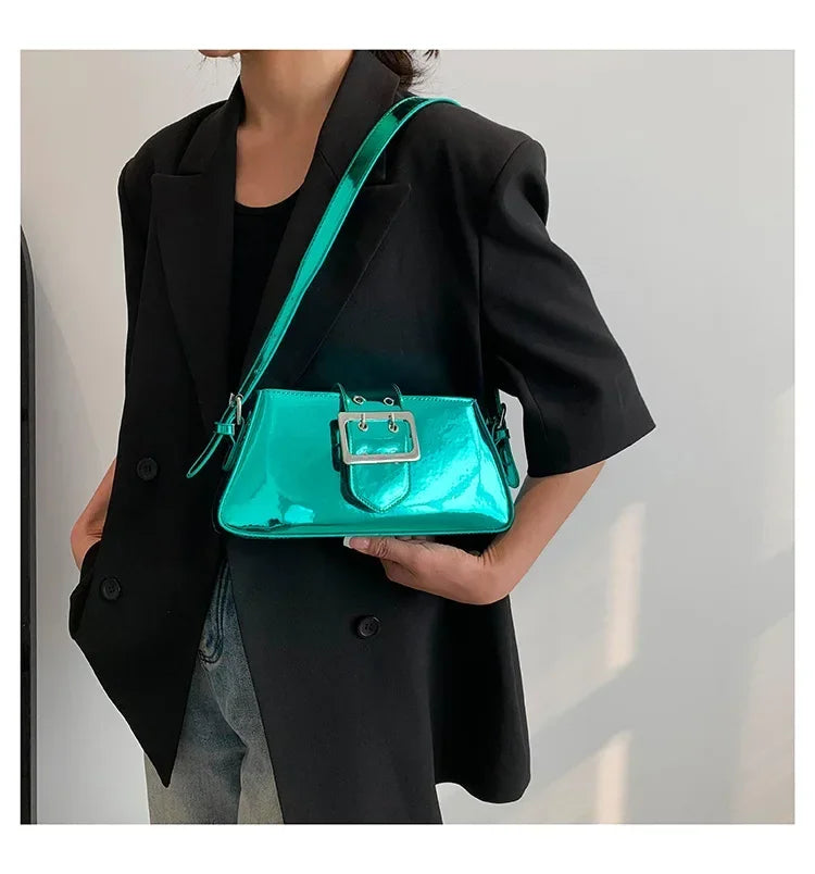 New Luxury Design Women's Glossy PU Leather Armpit Bag | Fashion Party Handbag (Patent Leather Silver Shoulder & Crossbody Bag) Luxegan