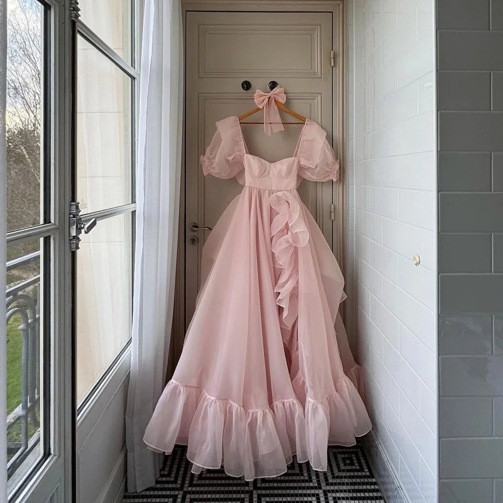Charming Pink Organza A-Line Prom Dress | Spaghetti Strap Scoop Neck Formal Gown | Sleeveless Candy-Color Pastoral Floor-Length Evening Dress Luxegan