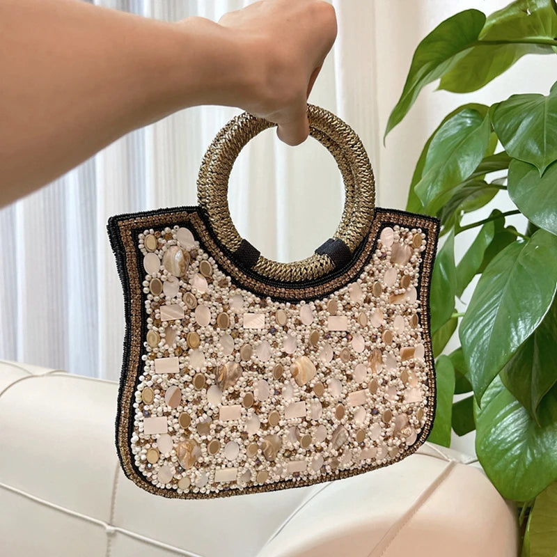 Indian Handmade Heavy Industry Bead Handbag | Embroidered Rhinestone Pearl Diagonal Tote & Women's Wedding Party Bag