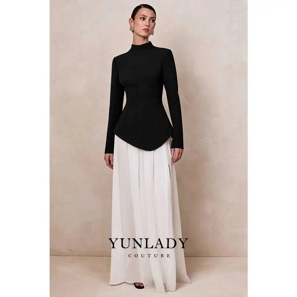 YUNLAN Gorgeous Saudi Arabian Ivory High Neck Custom Satin Wedding Dress 2025 Muslim Women's Formal Party Black Long Sleeve Gown
